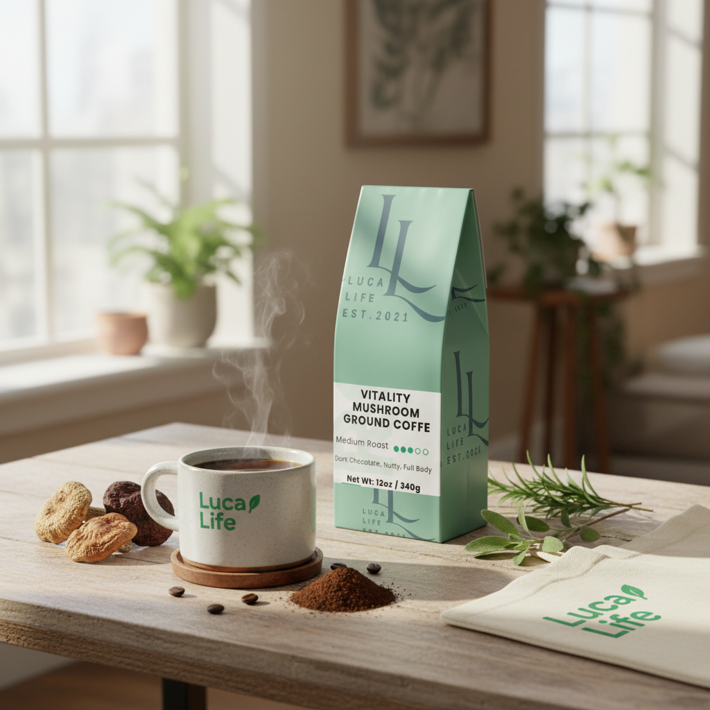 Mushroom Coffee with Luca Life Logo